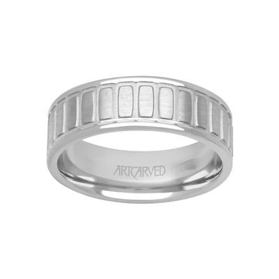 14k White Gold Band with Geometric Carved Center 7mm, Size 10.0