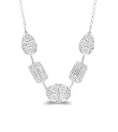 14k White Gold 0.32Ct Baguette Diamonds, 1.16Ct Round Diamonds Necklace