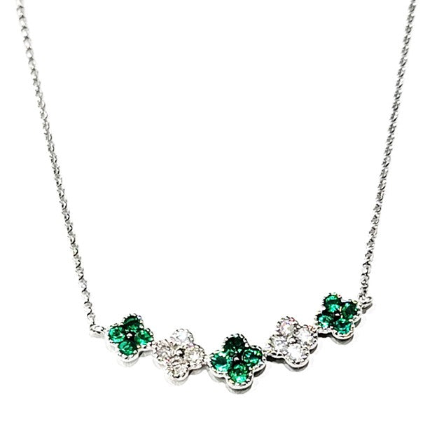 14k White Gold 0.43Ct Emerald, 0.33Ct Diamond Clover Necklace