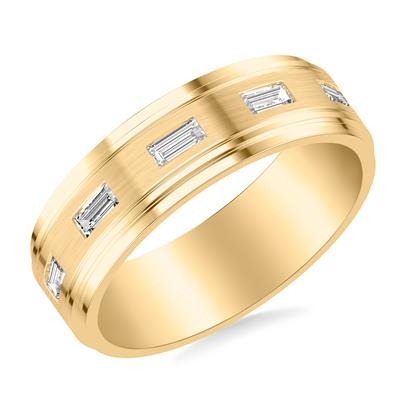 14K Gold 0.40Ct Baguette 5 Diamond Band with Brushed center and Polished side, available in White and Yellow Gold
