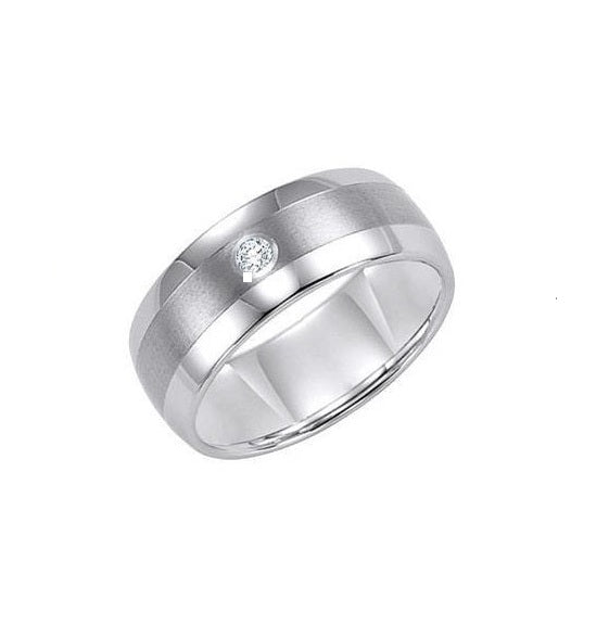 Tungsten Carbide 9mm domed Diamond comfort fit band with satin finish center and bright polish edges