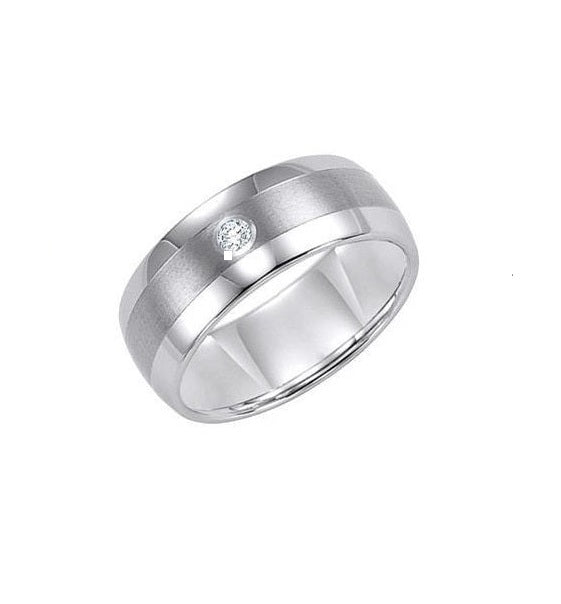Tungsten Carbide 9mm domed Diamond comfort fit band with satin finish center and bright polish edges