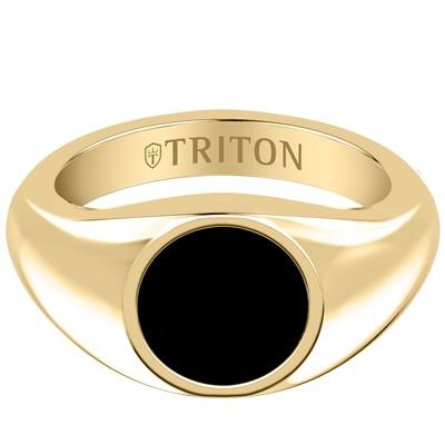 12 X 3.5mm Chroma Silver Signet with Polished Gold Finish and Black Ceramic, Size 10.0