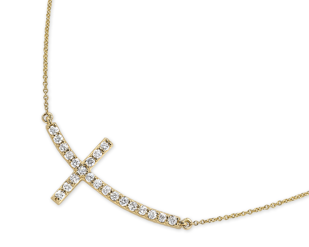 14k Gold 0.15Ct Curved Diamond Cross Necklace, available in White and Yellow Gold