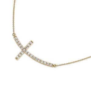 14k Gold 0.15Ct Curved Diamond Cross Necklace, available in White and Yellow Gold