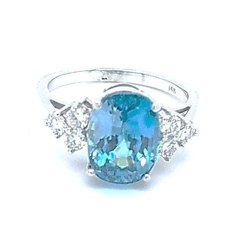 14k White Gold 5.20 Ct Blue Zircon, 0.33 Ct Diamond Ring
