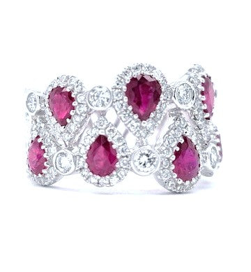 18k White Gold Teardrop 1.89Ct Ruby and 1.05Ct Diamond Ring