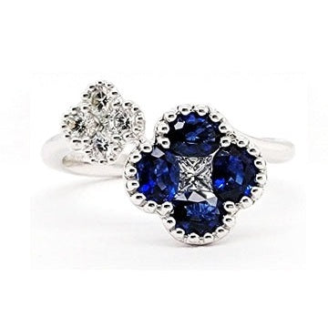 14K White Gold 0.80 Ct Sapphire, 0.28 Ct Diamond Clover Ring