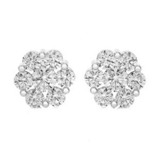 18K White Gold 0.90Ct Diamond Flower Cluster Earring with 14 Diamonds