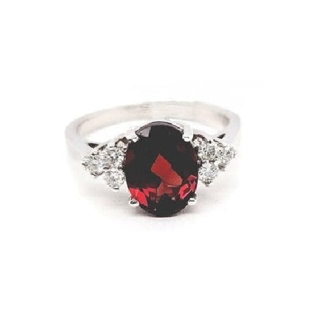 14k White Gold 9*7MM Garnet, 0.20Ct Diamond Ring