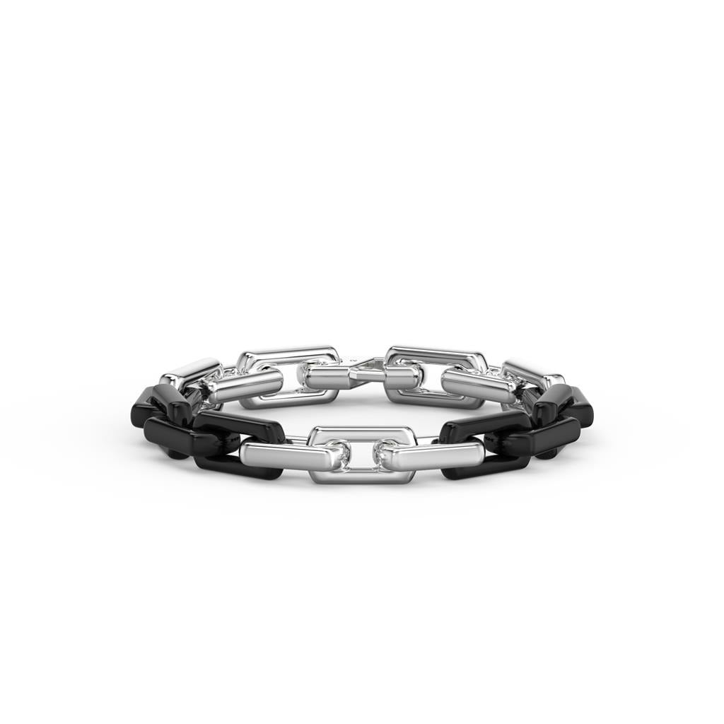 8 Inch On Trend Two-Tone Bracelet with Polished Sterling Silver and Matte Black Ceramic 7MM Links with Silver Rhodium Finish
