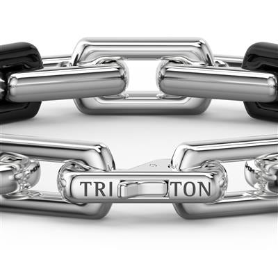 8 Inch On Trend Two-Tone Bracelet with Polished Sterling Silver and Matte Black Ceramic 7MM Links with Silver Rhodium Finish