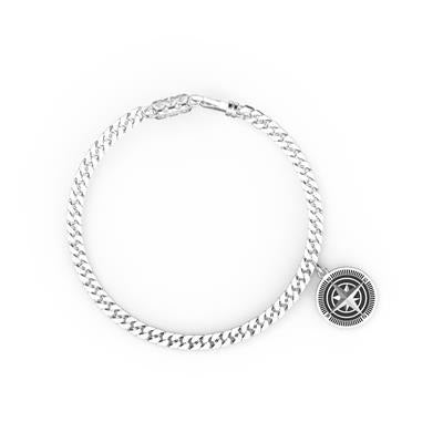 8 Inch Sterling Silver Curb Link Bracelet with 16x3 Silver Compass Charm and Silver Rhodium Finish