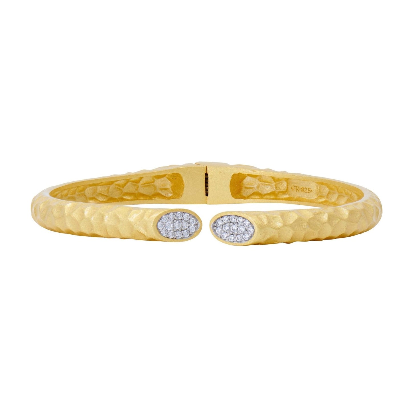 Sterling Silver 14k Yellow Gold Plated City Pave Edge Hammered Cuff Bangle Bracelet