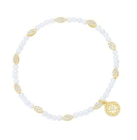 Sterling Silver 14k Gold Plated Mother of Pearl Beaded Cubic Zirconia Beaded Bracelet