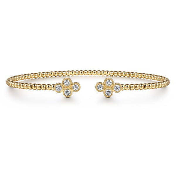 14K Yellow Gold Bujukan Bead Split Cuff Bracelet with Quatrefoil 0.41CT Diamond Endcaps