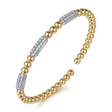 Load image into Gallery viewer, 14K White and Yellow Gold 0.51Ct Diamond Pave Three Station Bar Bujukan Beads Split Bangle Bracelet
