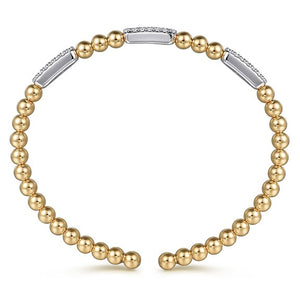 14K White and Yellow Gold 0.51Ct Diamond Pave Three Station Bar Bujukan Beads Split Bangle Bracelet