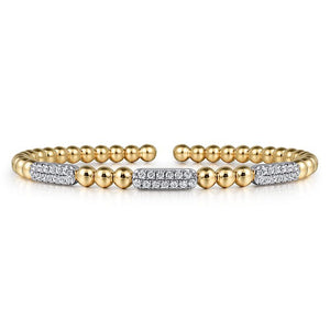 14K White and Yellow Gold 0.51Ct Diamond Pave Three Station Bar Bujukan Beads Split Bangle Bracelet