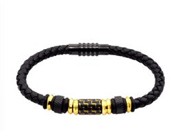 Stainless Steel Mens Black Leather, Gold Plated Steel, Carbon Fiber Bracelet