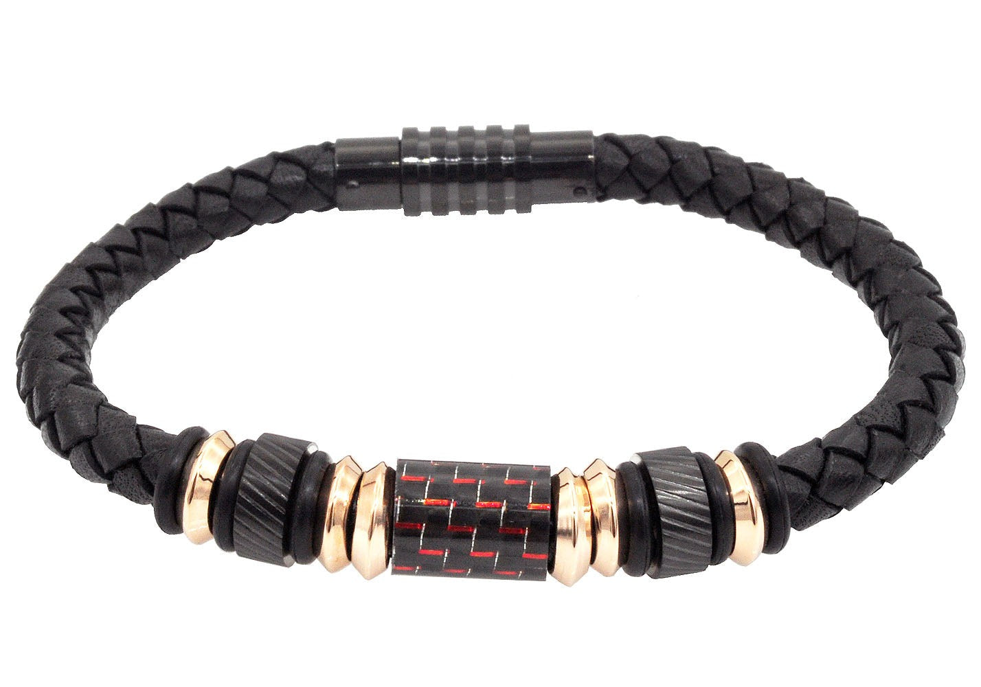 Men's Black Leather Rose Gold Stainless Steel Bracelet With Carbon Fiber