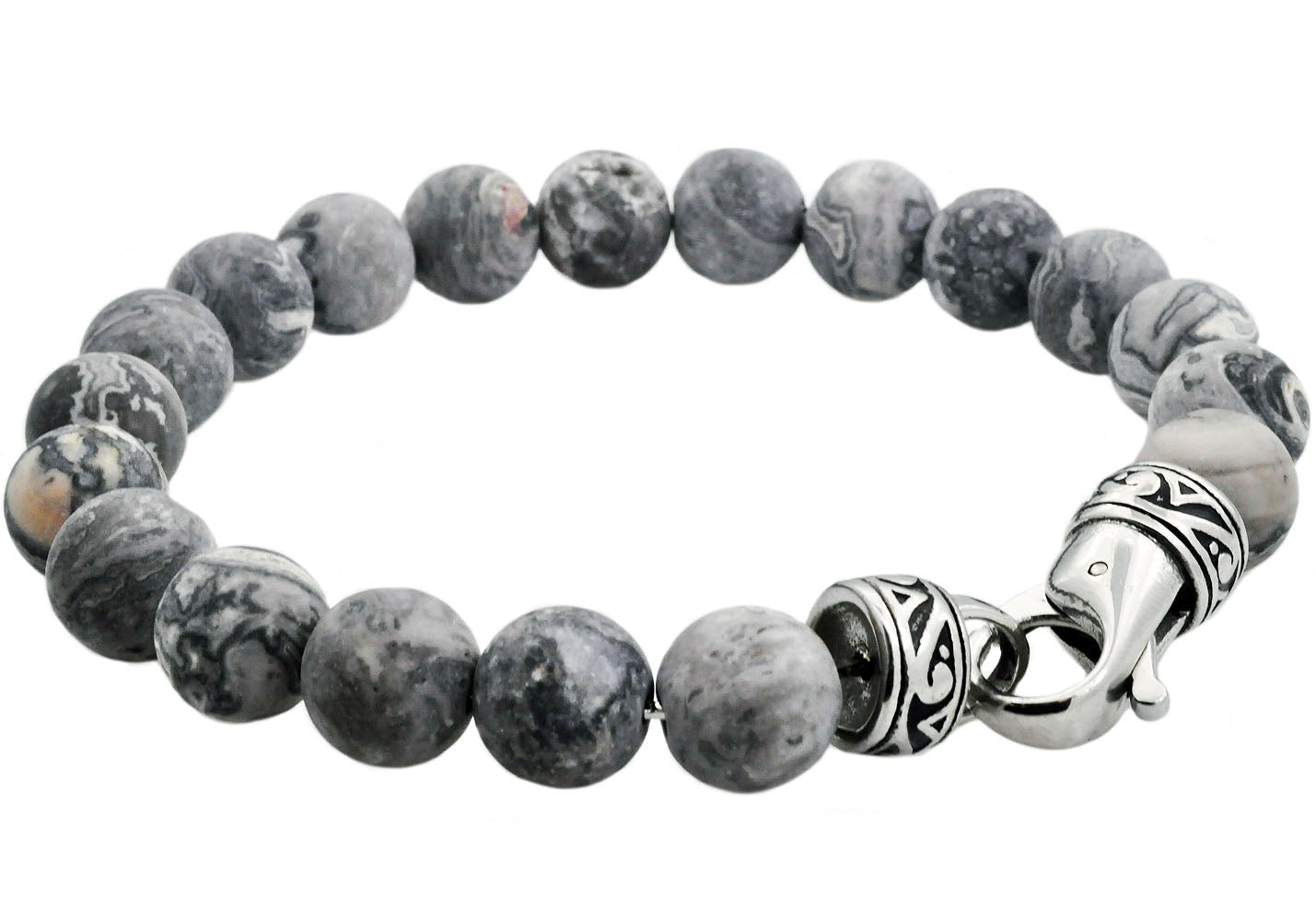 Stainless Steel 8mm Gray Jasper Beaded Bracelet