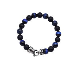 Stainless Steel Mens 10mm Blue Tiger Eye Beaded Bracelet