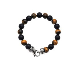 Stainless Steel Mens Onyx and Tiger Eye Beaded Bracelet
