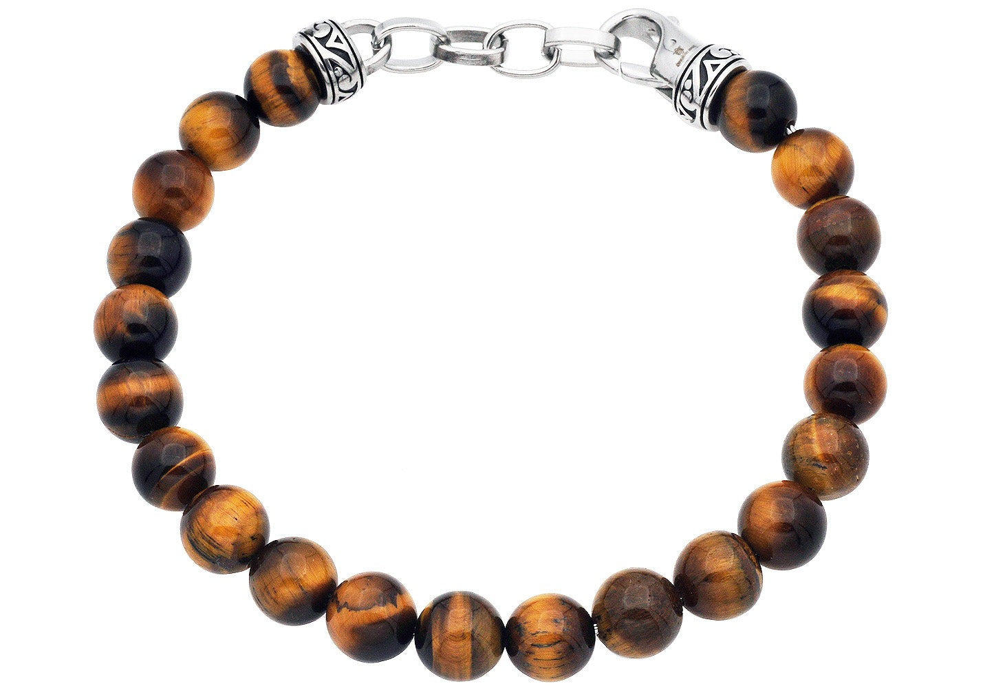 Men's Genuine 8mm Tiger Eye Bead Stainless Steel Bracelet