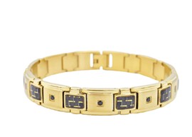 Stainless Steel Mens Gold Tone Carbon Fiber with Black Cubic Zirconia Bracelet