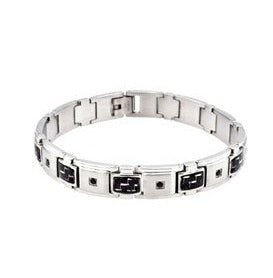 Stainless Steel Mens Black Carbon Fiber with Black Cubic Zirconia Bracelet