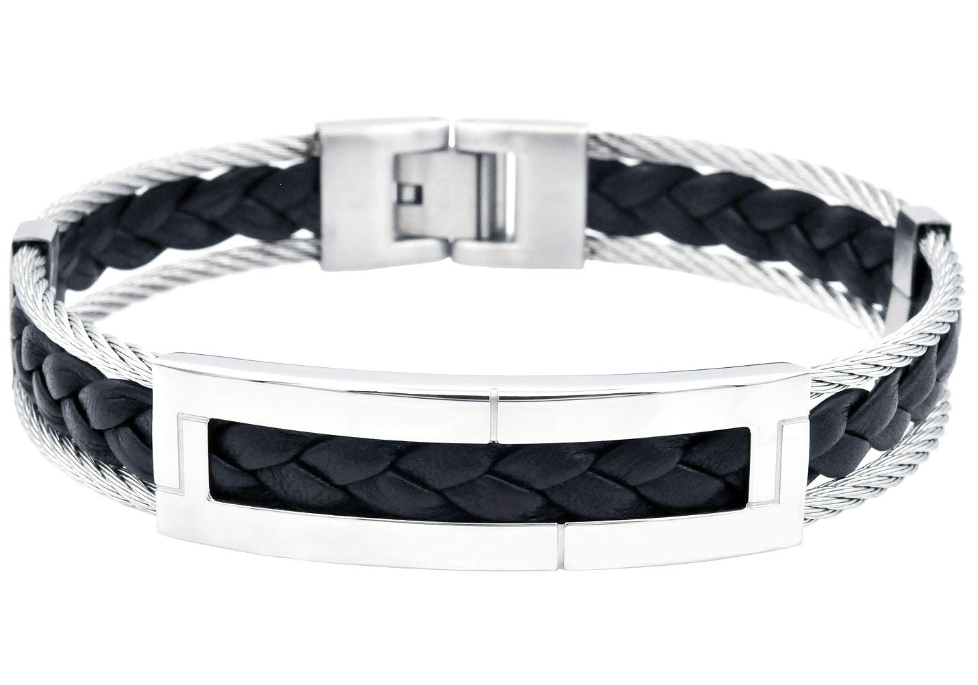 Men's Stainless Steel Black Leather and Cable Bracelet