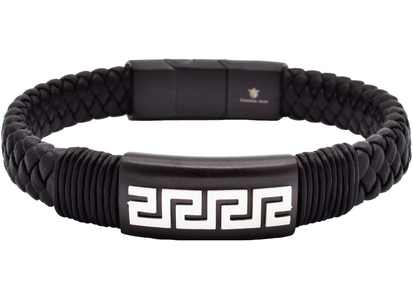 Men's Black Leather Greek Key Stainless Steel Bracelet