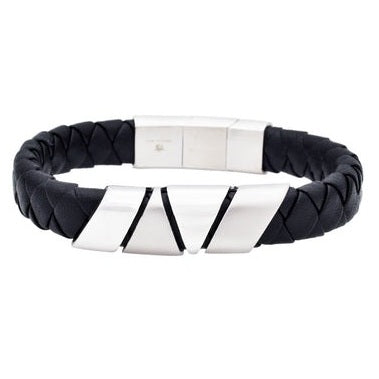 Men's Triangular Wrapped Stainless Steel Black Leather Bracelet