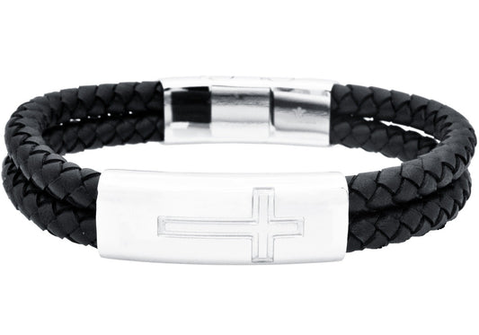 Men's Double Strand Black Leather Stainless Steel Cross Bracelet