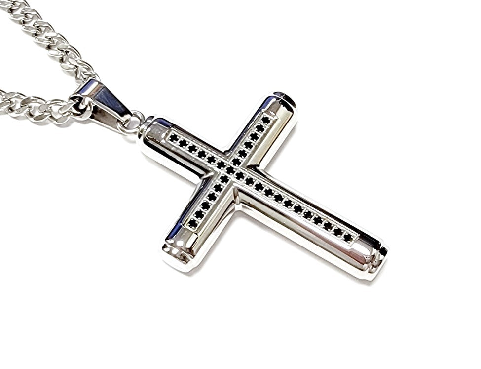 Men's Stainless Steel Cross Pendant Necklace With 24 Inch Curb Chain Black Cubic Zirconia