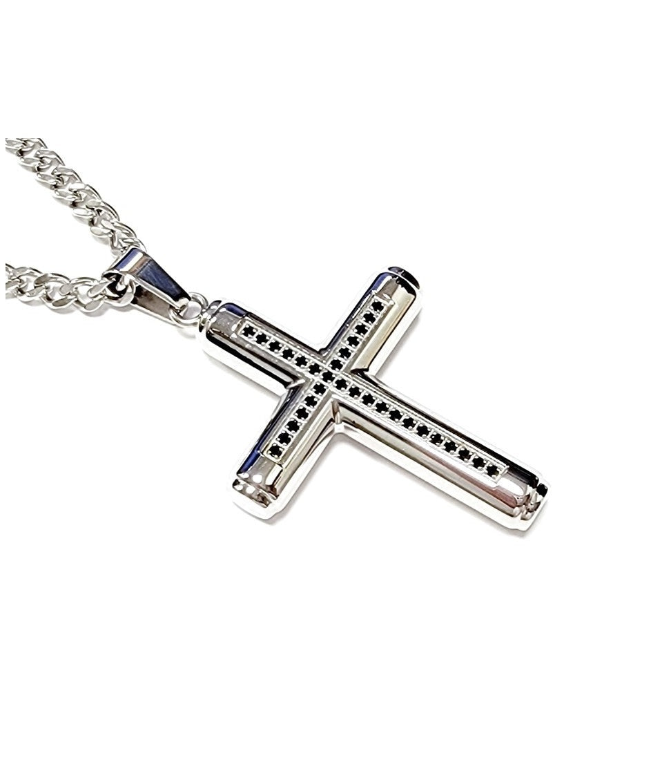 Men's Stainless Steel Cross Pendant Necklace With 24 Inch Curb Chain Black Cubic Zirconia
