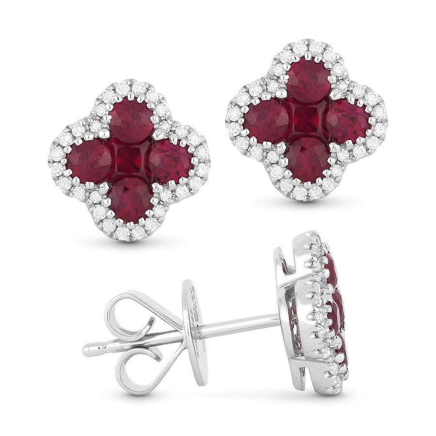 14k White Gold 0.40Ct Ruby, 0.11Ct Diamond Clover Earring