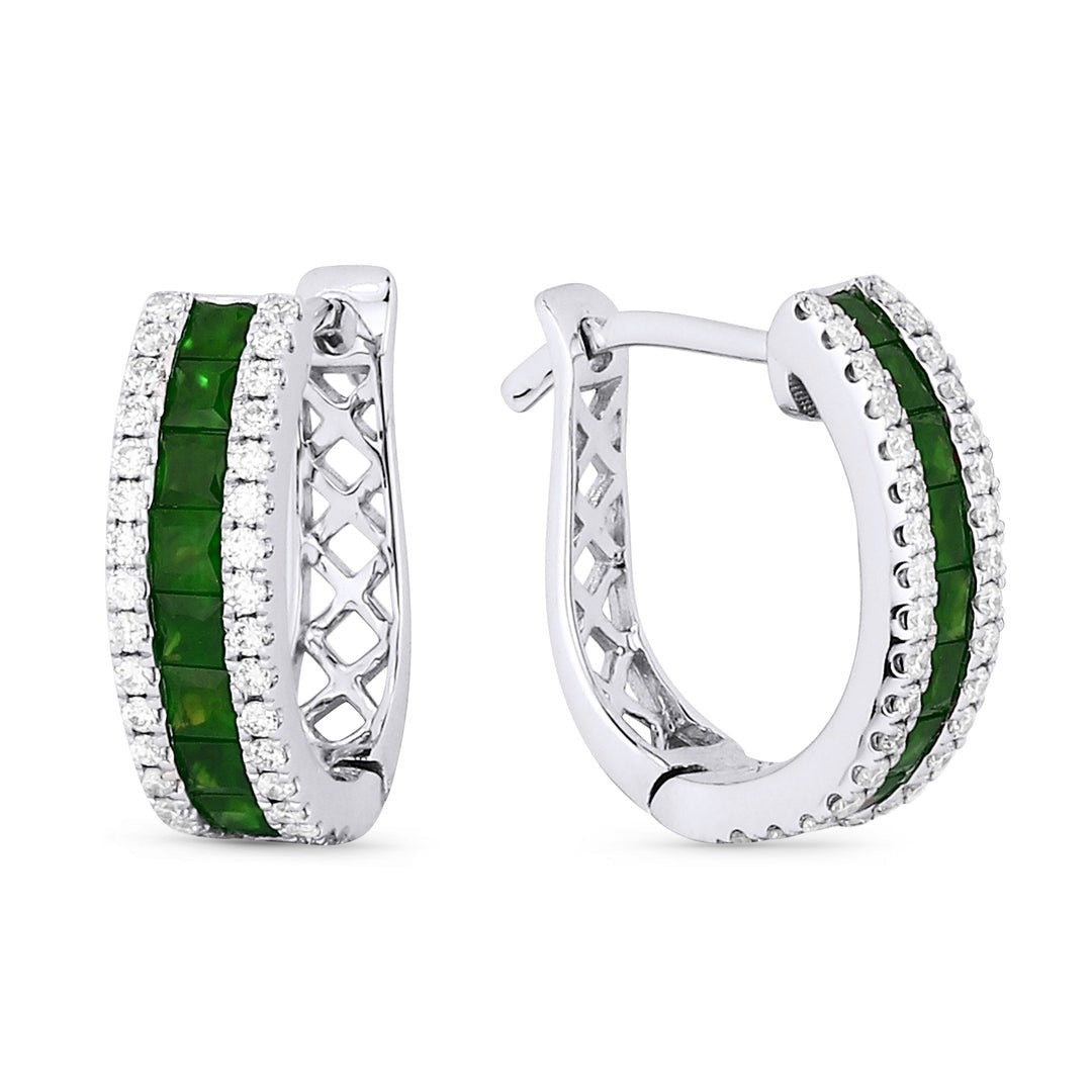 14k White Gold 0.57Ct Emerald and 0.25Ct Diamond Huggie Earring