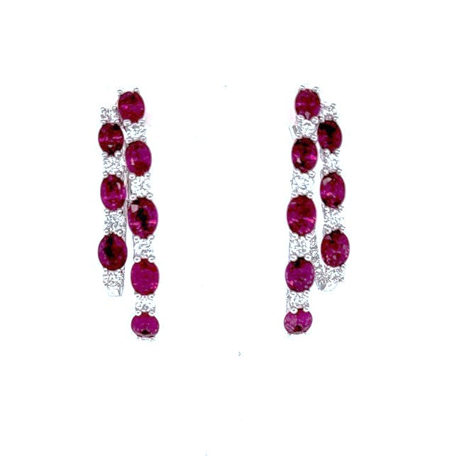 14Kt White Gold 4.05Ct with 16 Rubies, 1.08Ct with 66 Diamonds Double Hoop Earrings
