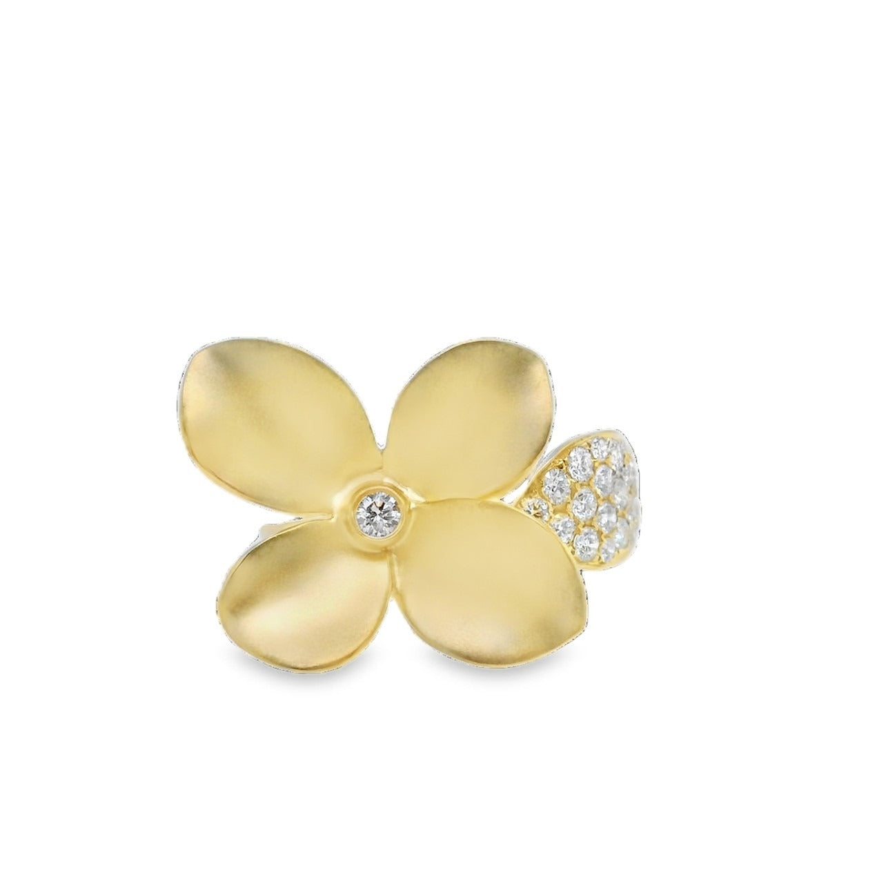 18k Yellow Gold Diamond Flower and Diamond Leaf Ring with 0.43Ct Diamonds