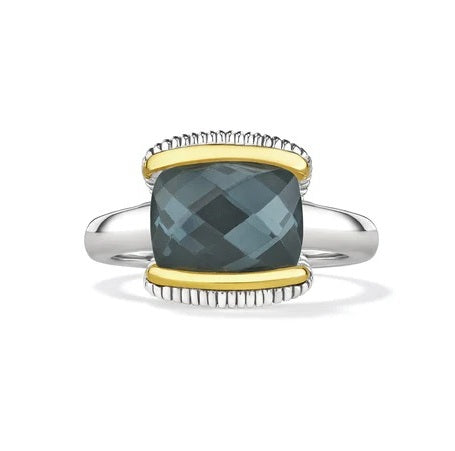 Judith Ripka Sterling Silver and 18k Gold Synthetic Blue Quartz and Hematite Ring, Size 7.0