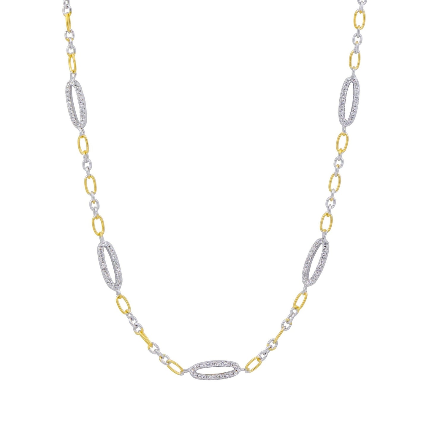 Sterling Silver 14k Gold Plated Oval Pave Station Chain