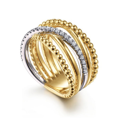 14K White-Yellow Gold Bujukan Ball and 0.24Ct Diamond Criss Cross Ring, Size 6.5