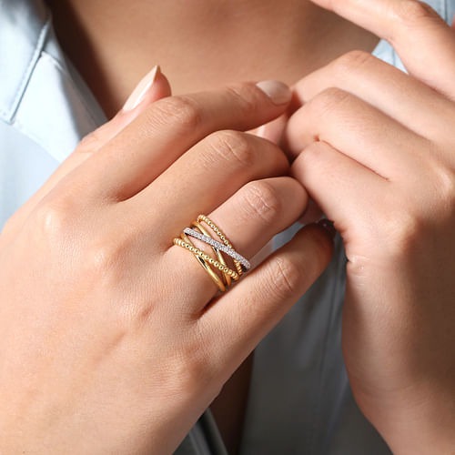 14K White-Yellow Gold Bujukan Ball and 0.24Ct Diamond Criss Cross Ring, Size 6.5