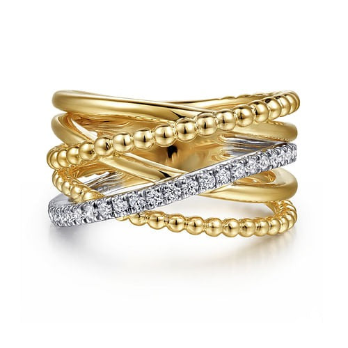 14K White-Yellow Gold Bujukan Ball and 0.24Ct Diamond Criss Cross Ring, Size 6.5