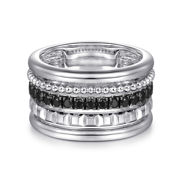 Sterling Silver Bujukan 0.93Ct Black Spinel and Pyramid Multi Row Ladies Ring, Size 7.0