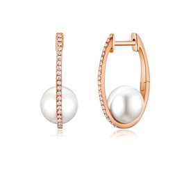 14k Gold 7.5MM 2 Pearl, 0.09Ct Diamond Earring with 42 Diamonds, available in White, Rose and Yellow Gold