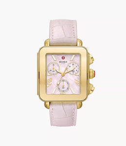 Michele Deco Sport Chronograph Gold-Plated Pink Leather Watch