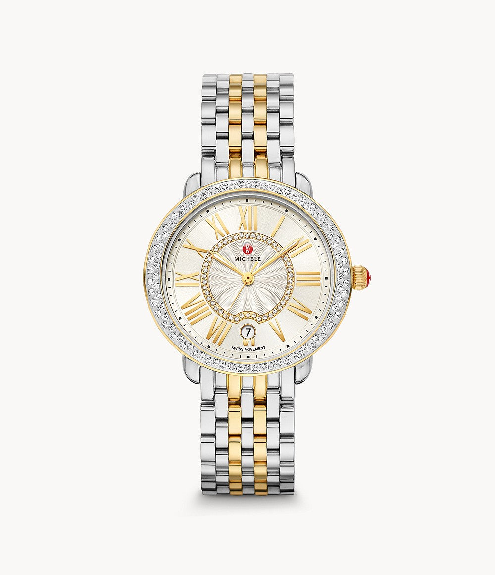 Michele Serein Mid Size Diamond Two Tone 18K Gold, Silver White Sunray Dial with Diamonds